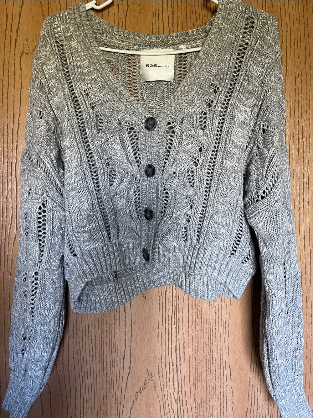 525 America Heather Gray Open-Knit V-Neck Button Cardigan